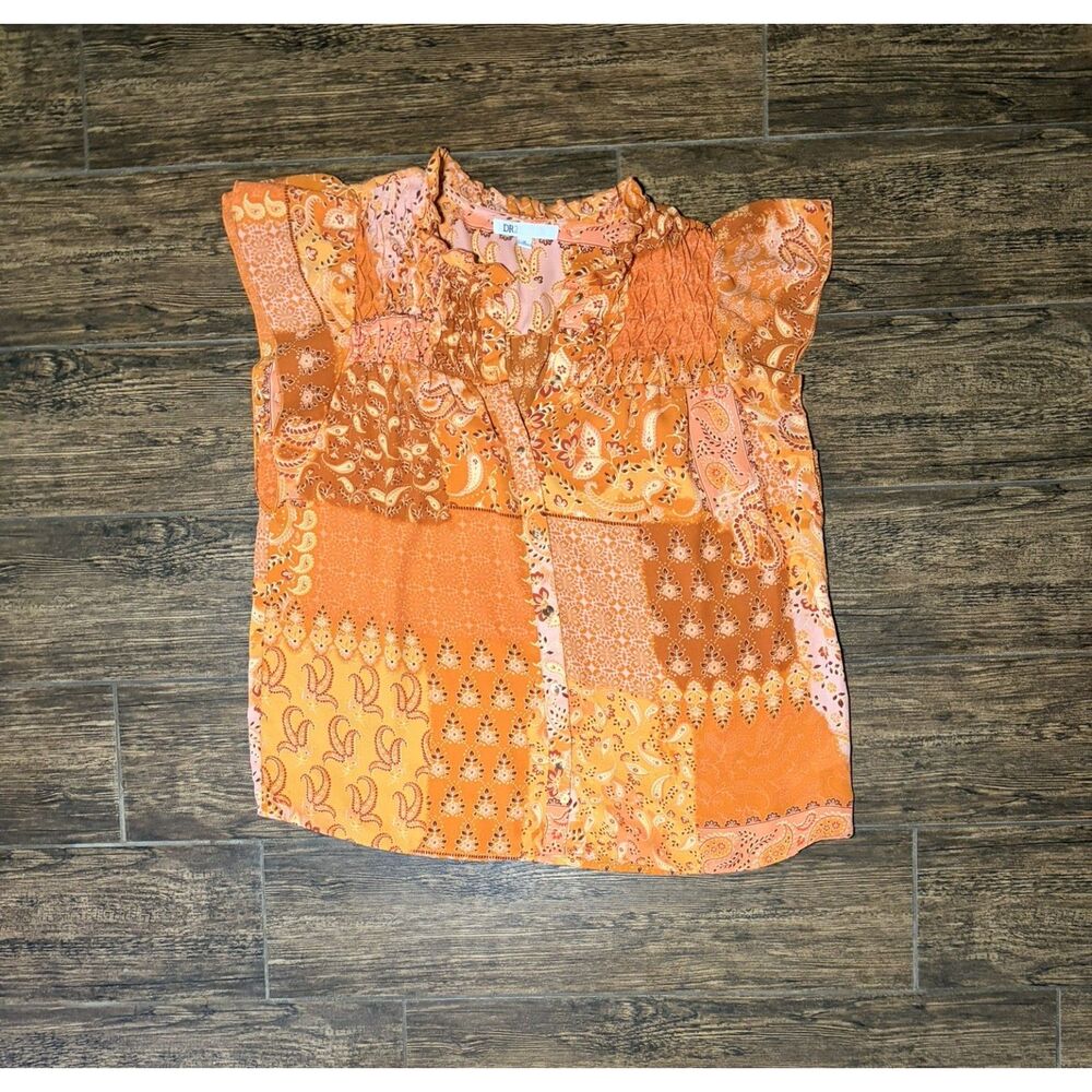 DR2 Orange Patchwork Paisley Button-Up Blouse - M